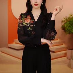 Spring Autumn Women Stylish Flower Print Chic Blouses Office Lady Elegant Commute Chiffon Shirts V Neck Long Sleeve Loose Tops
