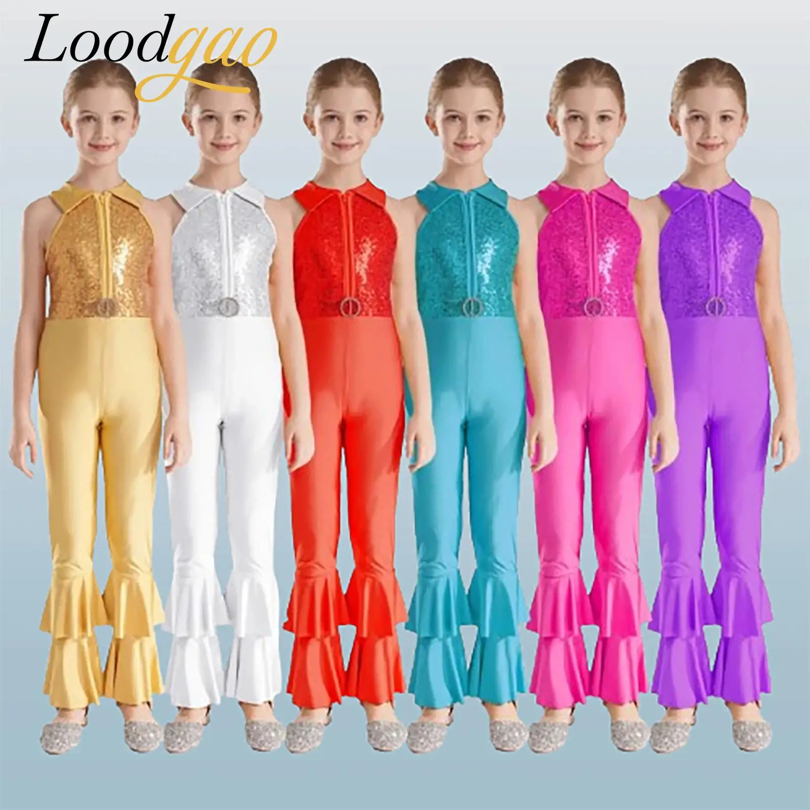 

Kids Girls Shiny Sequins Jumpsuits Hippie Costume Performance Dancewear Sleeveless Bell-bottom Vintage 60s 70s Hippie Costume
