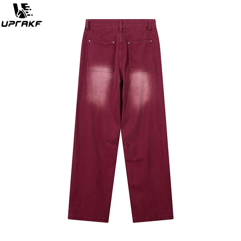 UPRAKF Red Jeans Streetwear Casual High Waist Fashion Trousers Vintage Summer Multi Pocket Retro Hip Hop