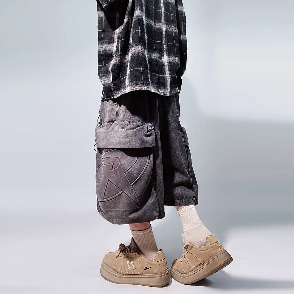 Y2k Summer New Shorts Mens Loose Retro Hip Hop Wide Leg Sweatpants Oversized Pocket Letter Pattern Denim Gym Shorts Streetwear