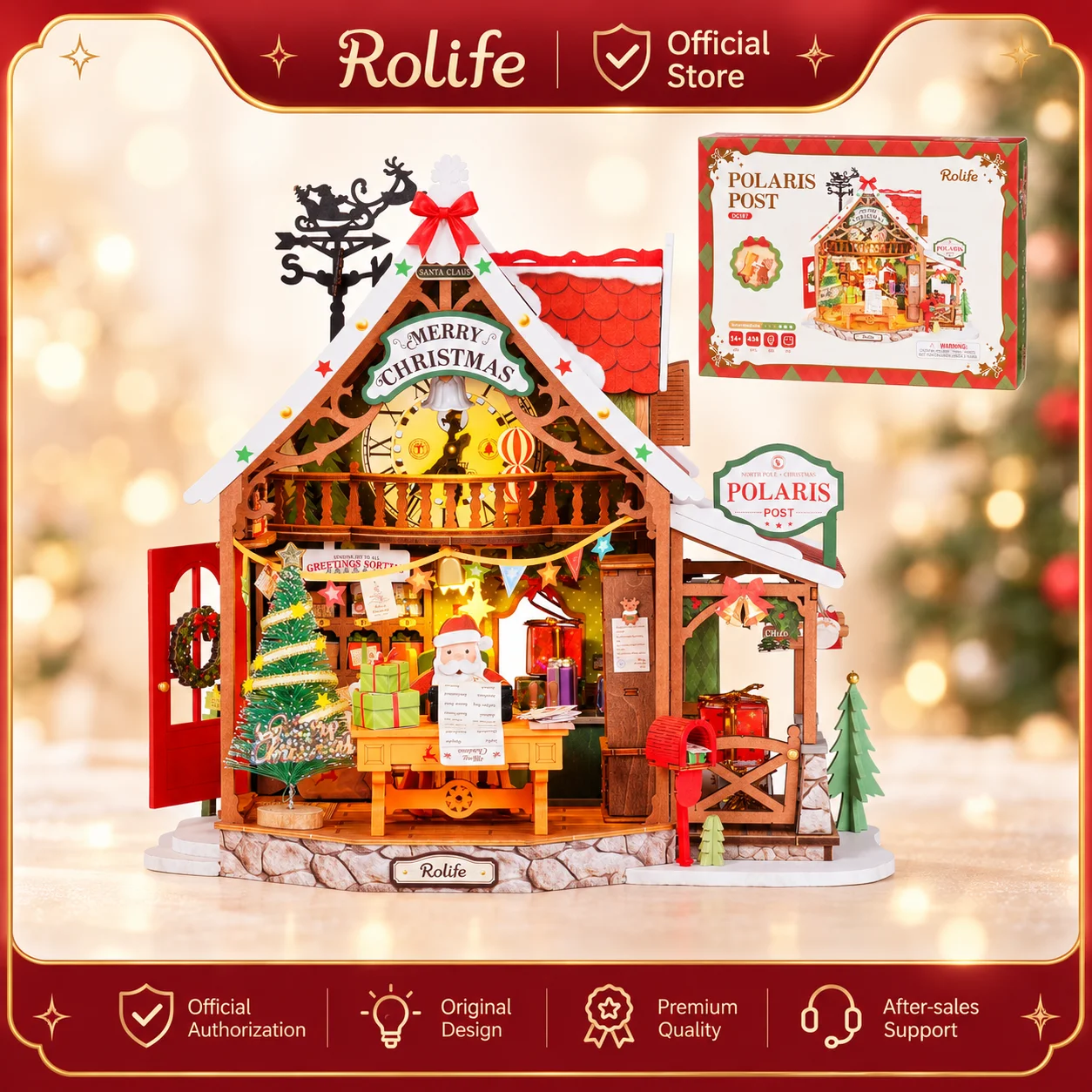 Rolife Polaris Post DIY Miniature House Kit Glowing North Pole Post Office Christmas Decor with 434 Pieces and Movable Details