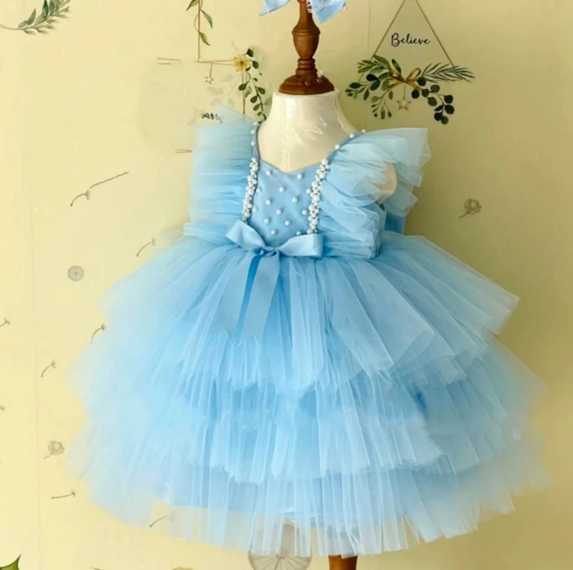 

Layered Cute Flower Girl Dress For Wedding Pearls Tulle Sleeveless Beading Bow Birthday Party Elegant First Communion Dresses