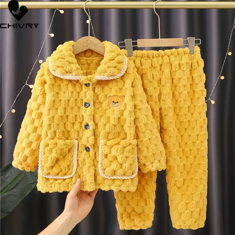 New Kids Boys Girls Autumn Winter Flannel Thicken Pajamas Baby Cartoon Bear Long Sleeve Lapel Sleeping Clothing Sets Pyjamas