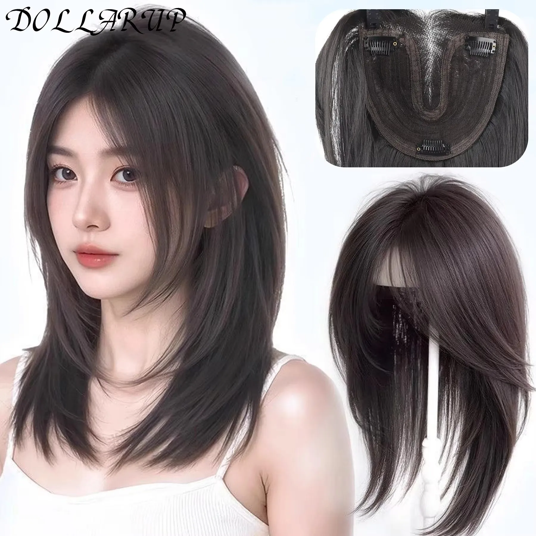 

JKL волнистые синтетические сменные белые волосы для женщин, черные, коричневые, натуральные заколки для наращивания волос с челкой, шиньоны