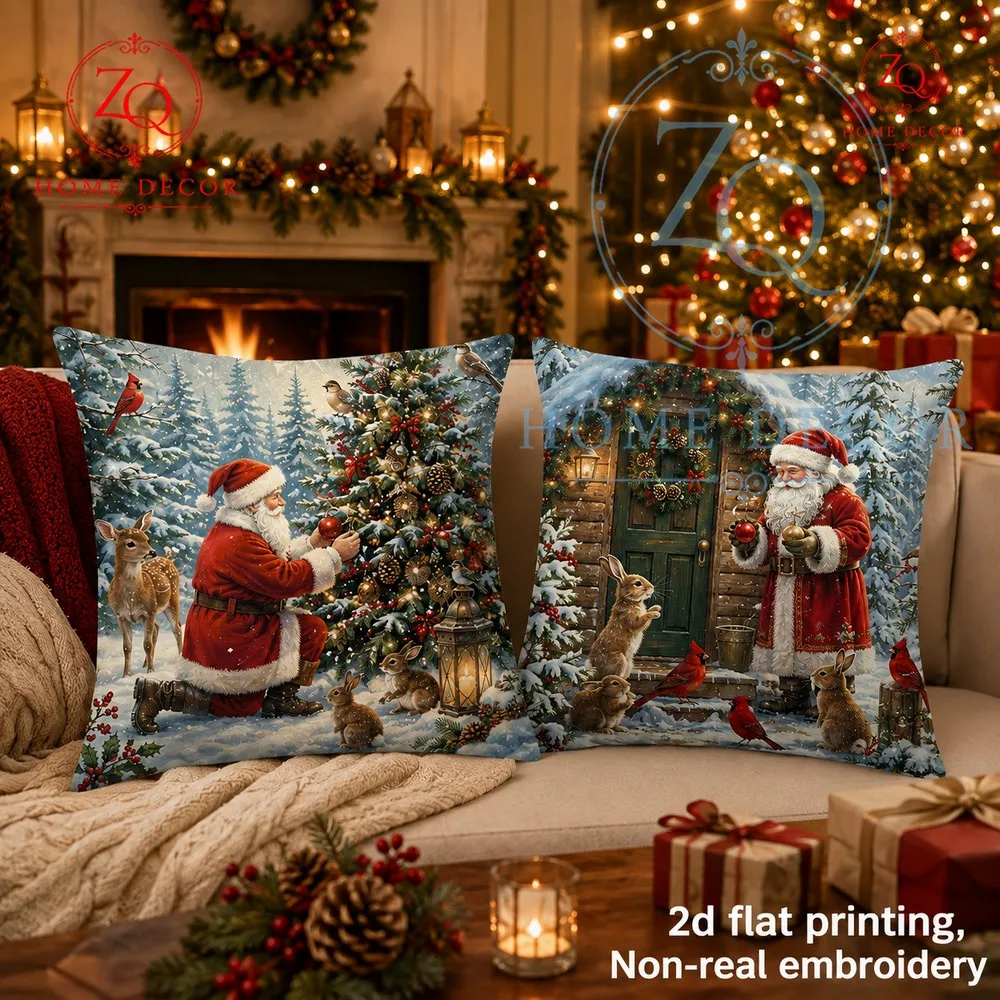 A winter est Christmas scene with Santa Claus decoring the Christmas tree complete with reindeer