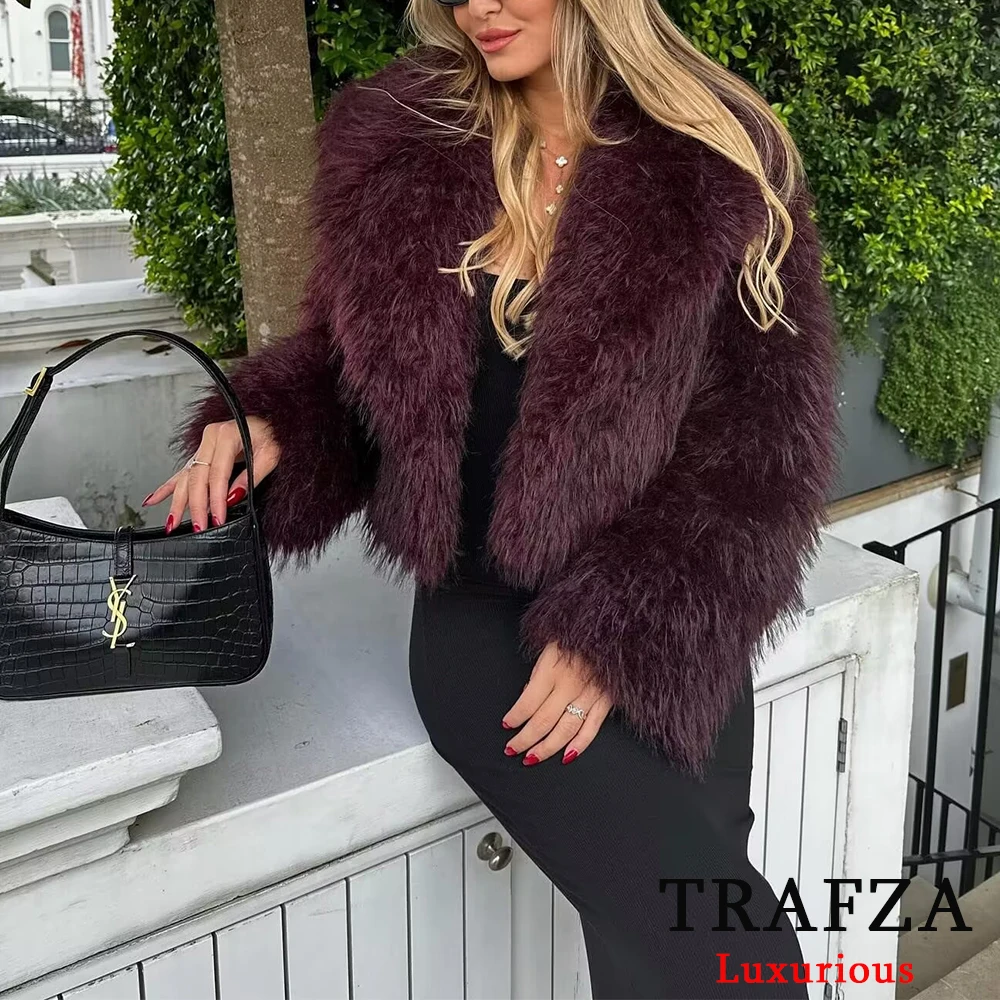 TRAFZA Casual Red Fur Jackets Women Long Sleeve V Neck Thick Autumn Winter Short Coats Fahsion 2024 Streetwear Warm Outwears