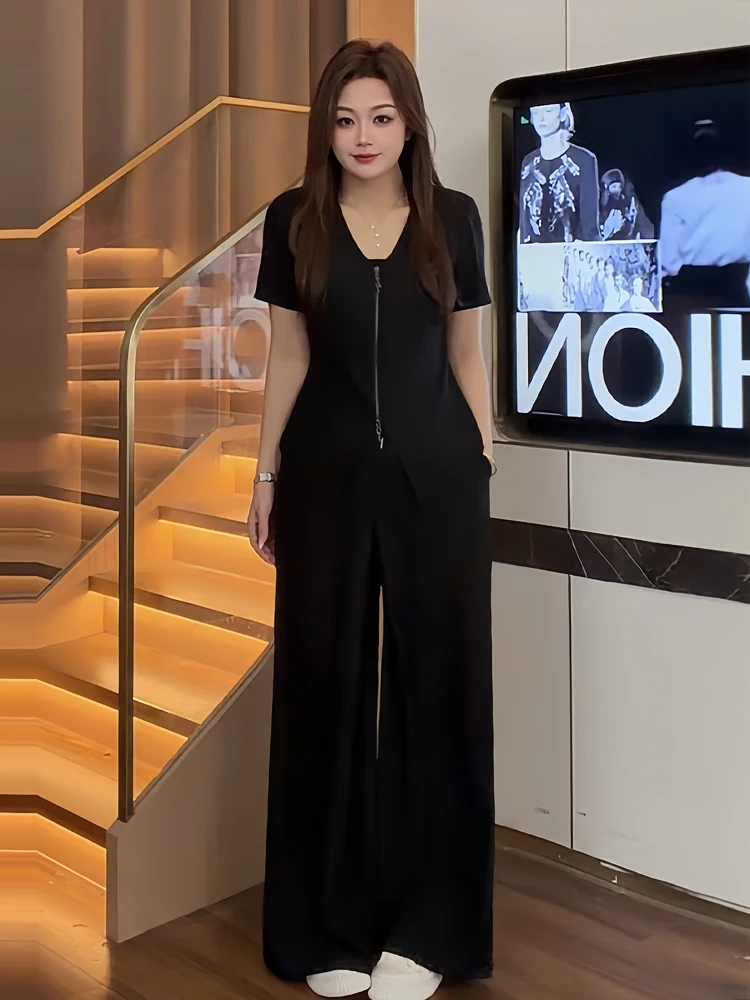 

Loose Fit Bla Summer Outfit for plus Size Women Korean Sle Commute High Waist Wide Leg Pants ort Sve Zipper Top