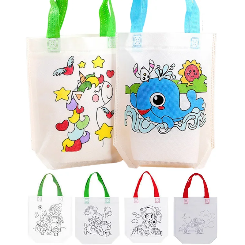 6~20pcs Non Woven Storage Bag White Cartoon Pattern Shopping Bag With Handle Teaching Incentive Supplies Handmade DIY Bag TMZ