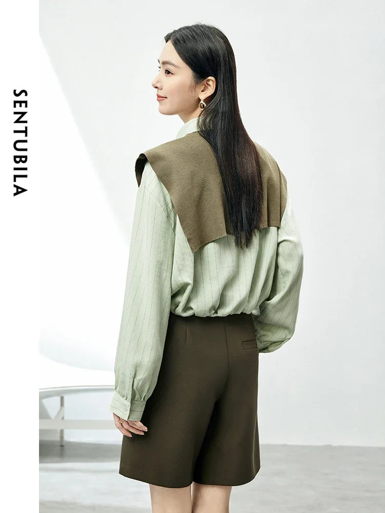 SENTUBILA Knit Wrap Shirts 2 Piece Set Women 2025 Spring Green Striped Linen Blend Long Sleeve Button Down Shirts Tops 141C53495