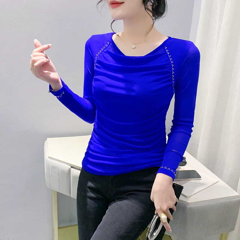 #7478 Black Blue Mesh T Shirt Women Long Sleeve Diamonds Sexy Elastic Short Tshirt Female Folds Split Joint Tee Shirt Femme 