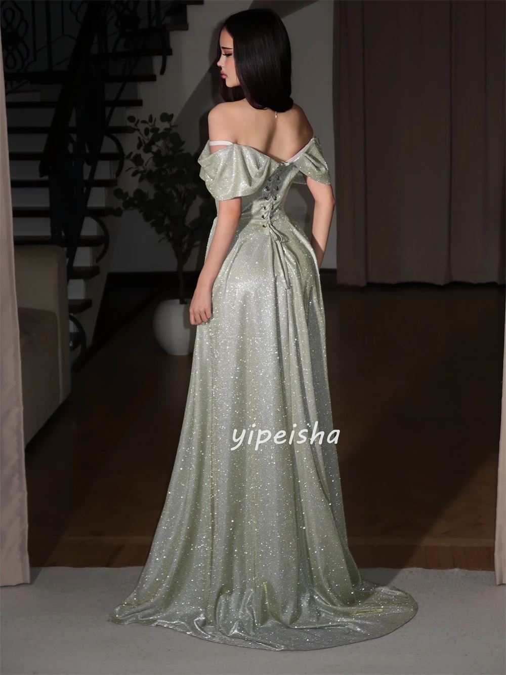 

Customized Sparkle Women Charmeuse Ruched Pleat Straight Evening Dresses Formal Off-the-shoulder Sleeveless Long Prom Dresses