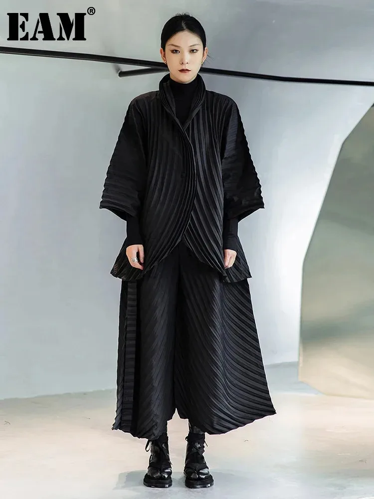 [EAM] Wide Leg Pants Pleated Two Piece Suit New Turtleneck Long Sleeve Black Loose Fit Women Fashion Spring Autumn 2025 1DE3064