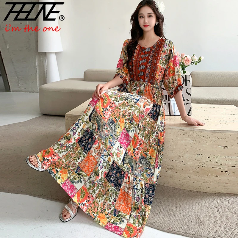 

THHONE Summer Dress for Women 2025 Robe Vestidos De Mujer Print Bohemian O Neck Loose Holiday Lace-up Casual A-line Dresses