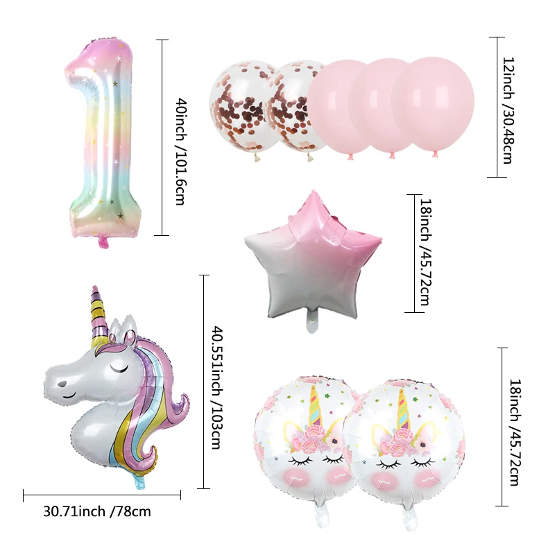 10pcs/set Rainbow Unicorn Party Balloons 40inch Gradient Color Digital Foil Balloons for Child Birthday Party Baby Shower Decor