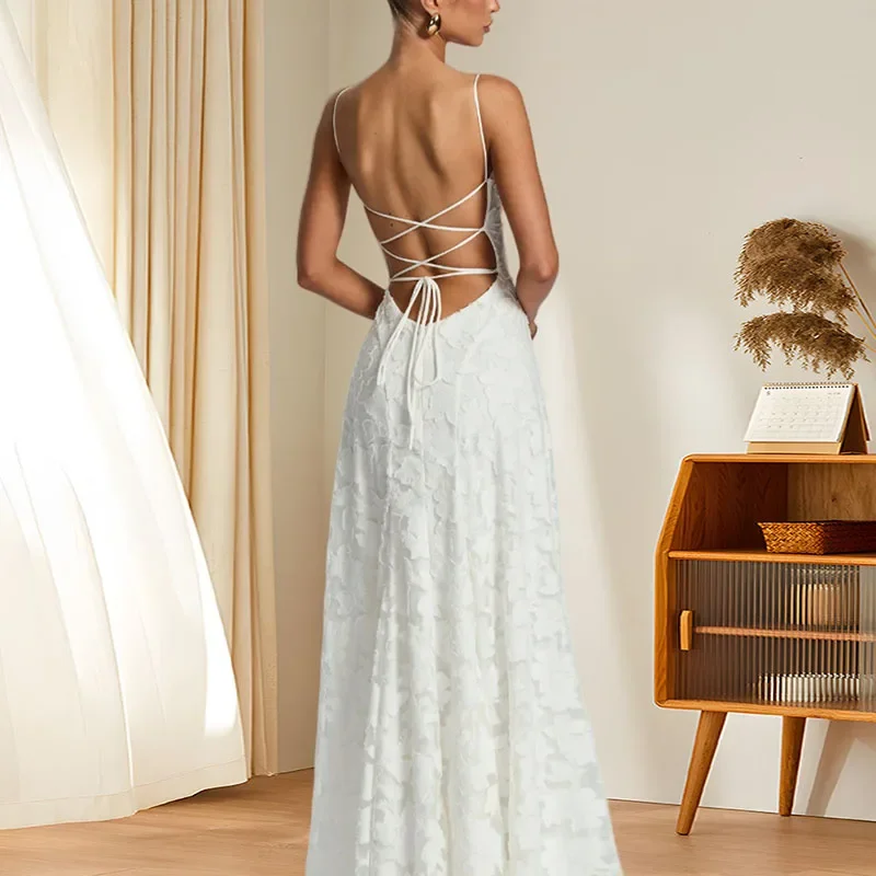 New Sexy Sleeveless Backless Boho Dress Elegant Jacquard Crochet Lace Prom Dresses Summer Solid Slash Neck Embroidery Long Dress