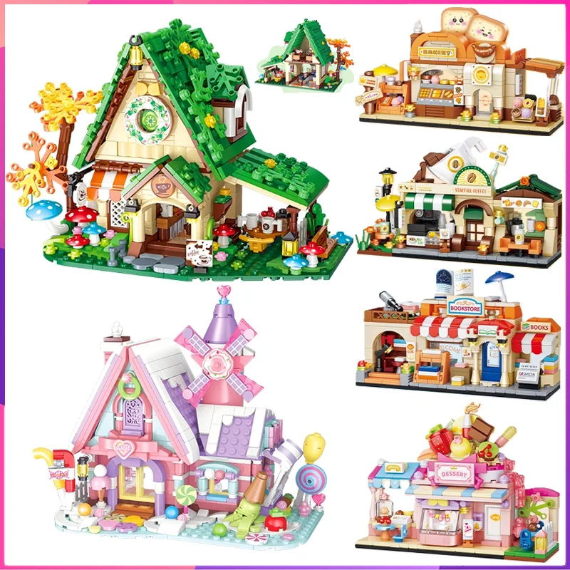 

Уличный пейзаж, строительные блоки, фантазийное город, украшение для рабочего стола, головоломка, сборка моделей, игрушки, подарки на день рождения для мальчиков и девочек