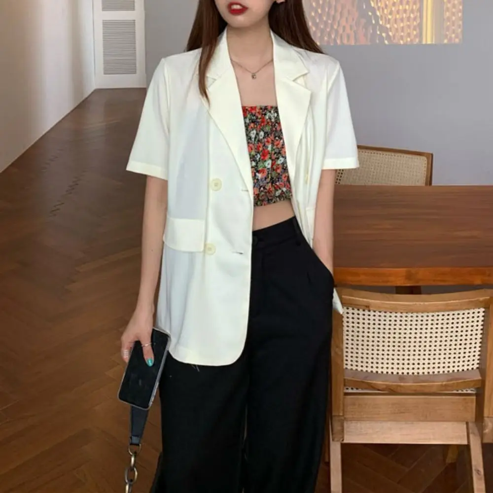 Traje informal de manga corta con cuello en V para mujer, traje de estilo de negocios con cuello abatible fino Simple, abrigo de Color caramelo, traje de talla grande para mujer, Top para chica