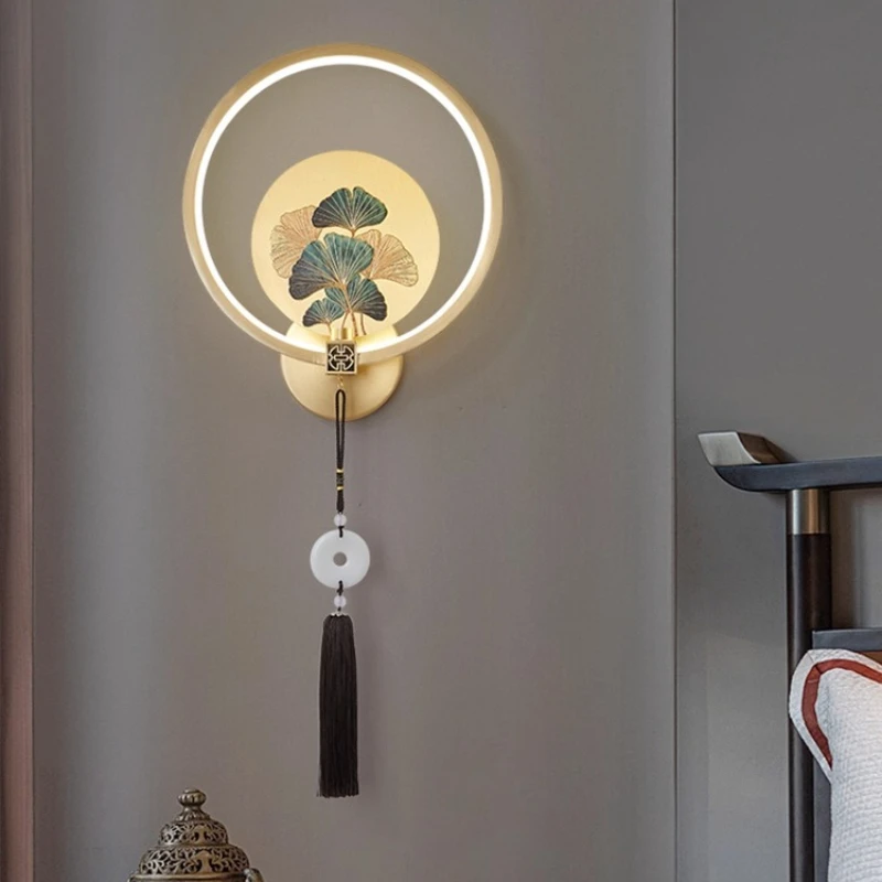 New Chinese wall lamp All copper retro tassel Chinese style entrance background light New dining room Tea room Bedroom bedside l