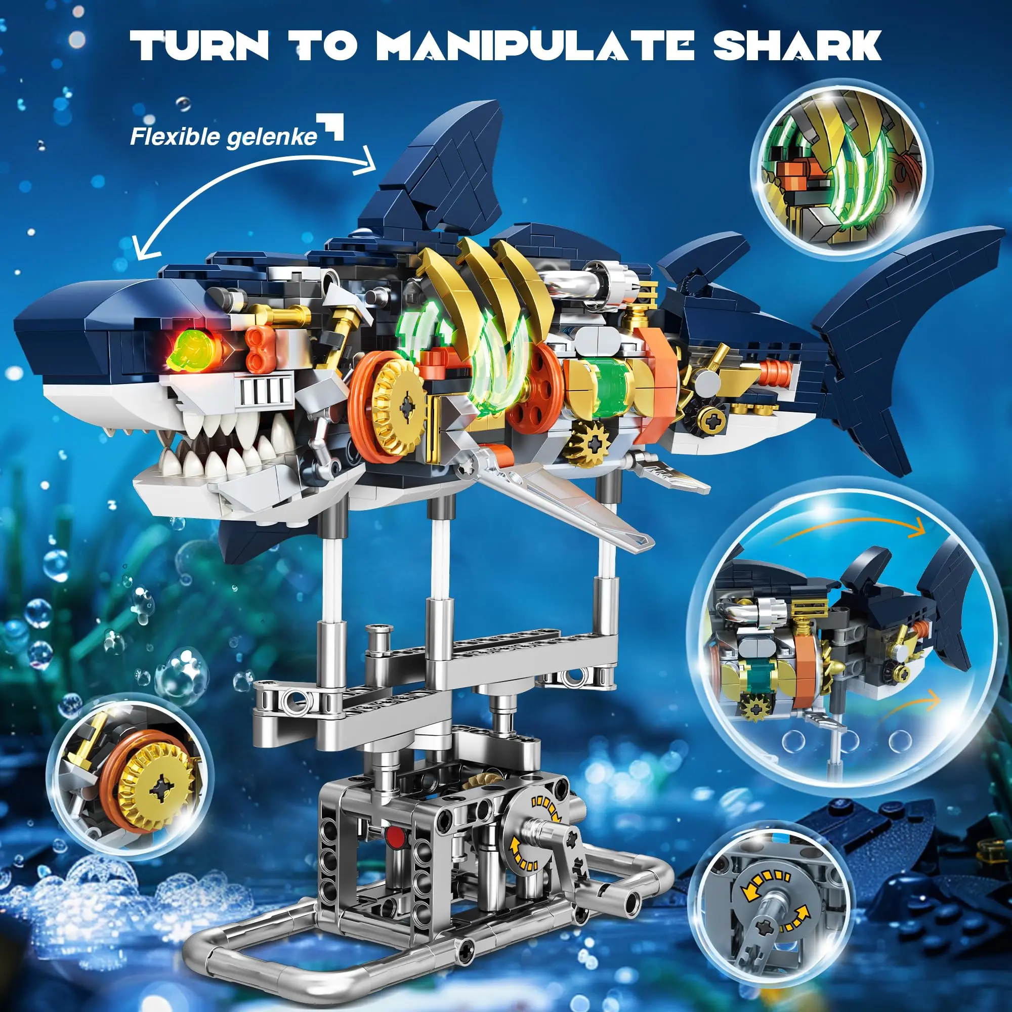 666pcs MOC Technical Mechanical Shark Sea Animal Set con espositore leggero Building Blocks mattoni Model Assembly STEM Toys