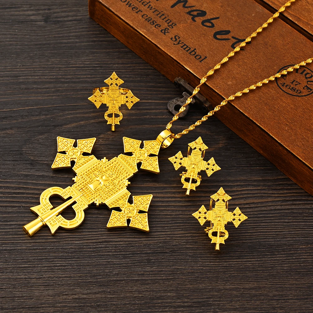 African Cross Necklace Earrings Ring Jewelry Sets Gold Color Ethiopian Eritrean Holiday Party Ornaments image 4