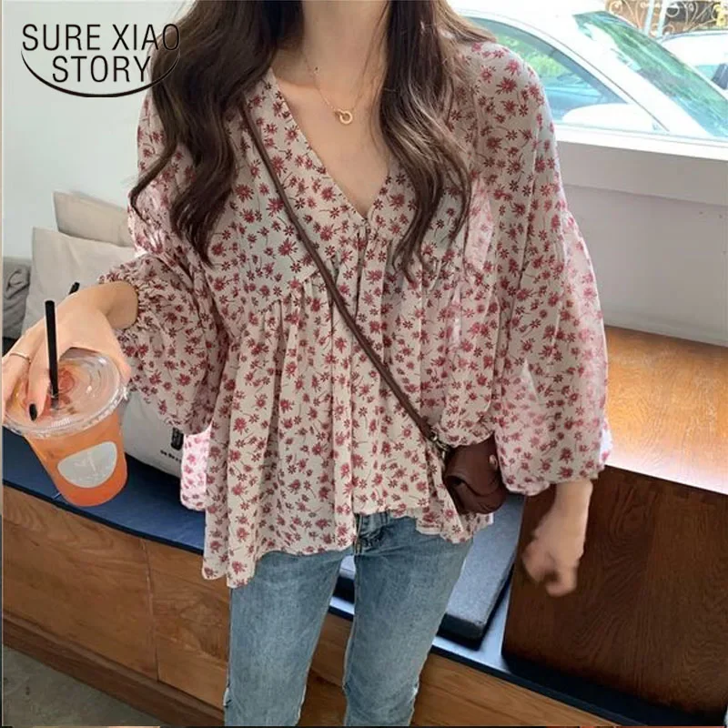 V-neck Chiffon Shirt Women Sweet Tops Blouse 2024 Spring New Korean Floral Print Long Sleeve Casual Loose Slim Lady Clothes 9307