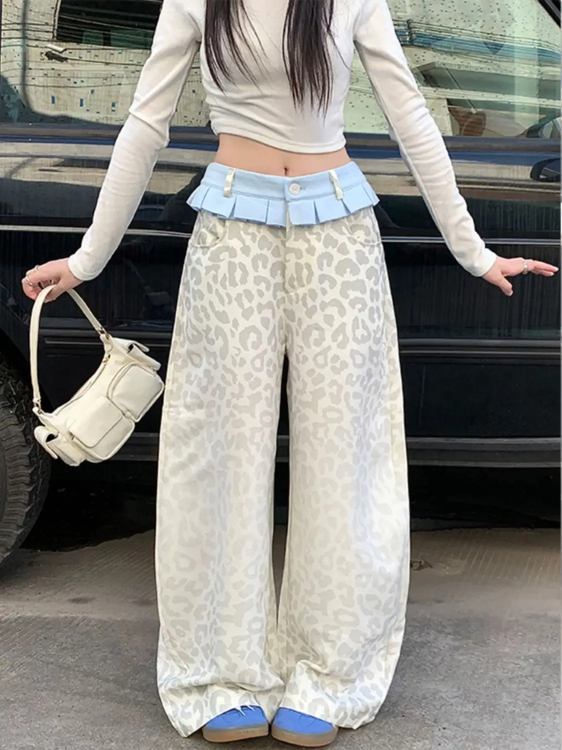 Retro Small Skirt Splicing Casual Pants for Women 2025 New Color Contrast Leopard Pattern Loose Wide Leg Pants