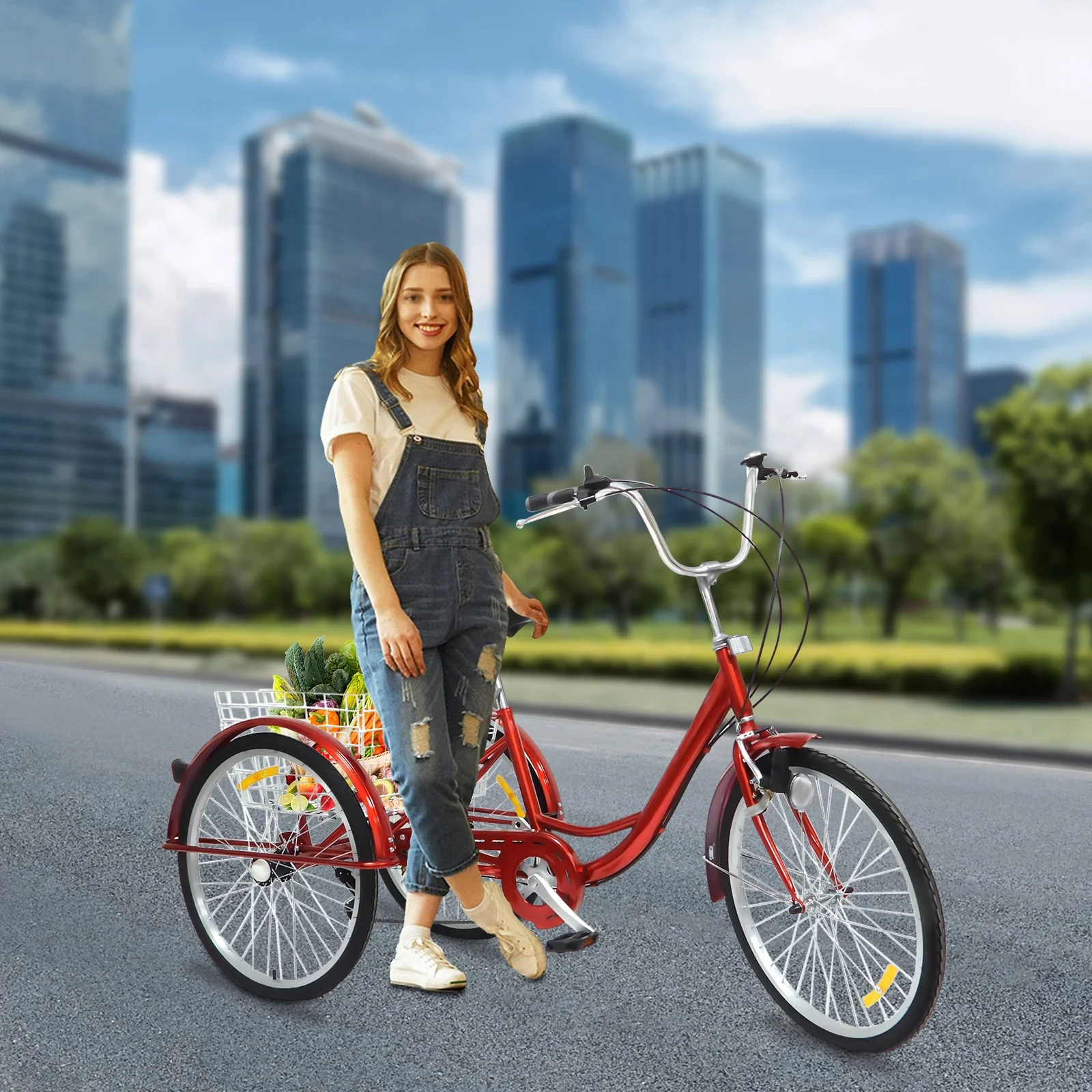 Triciclo moderno rojo de acero con alto contenido de carbono para exteriores con cesta plegable trasera, carga máxima ajustable de 6 velocidades, 120kg