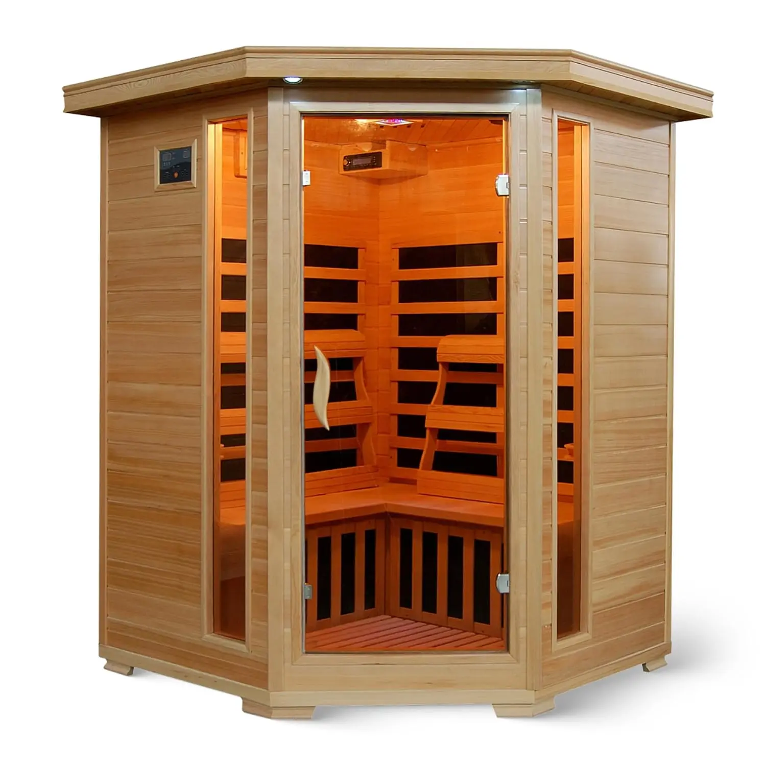 3-Person Hemlock Corner Infrared Sauna w/ 7 Carbon Heaters,Brown, Customized