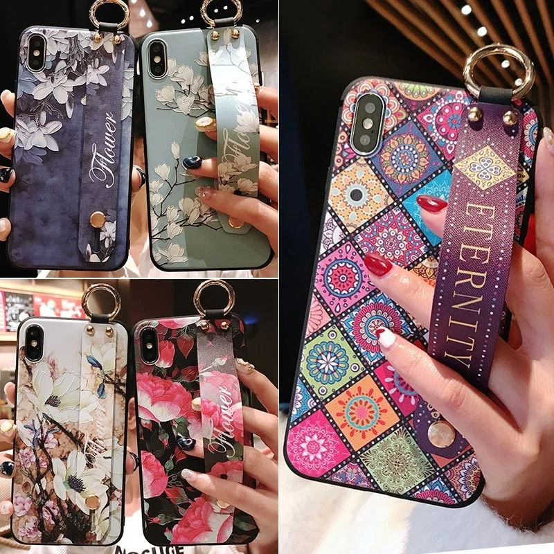 Wrist Strap Soft Tpu Phone Case Voor Samsung Galaxy S22 S21 S20 S10 Plus Fe Note 10 20 Ultra Vintage bloem Patroon Holder Cover
