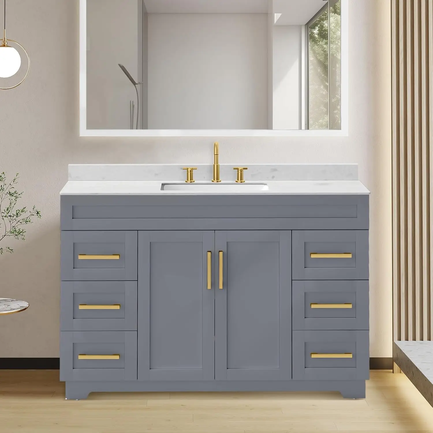 

48in Freestanding Bathroom Vanity Combo Stone Countertop Ceramic Sink Solid Wood Frame Soft-Close Grey Customized