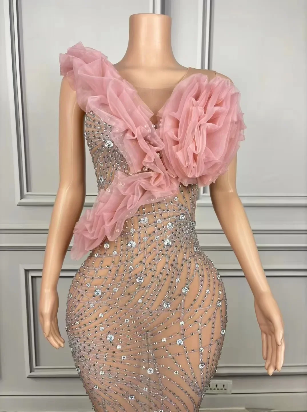 Błyszcząca sukienka z dżetów damska seksowna siateczkowa sceniczna bez rękawów przepuszczalność świętuj wieczorowy bal sukienka urodzinowa strój do sesji zdjęciowej