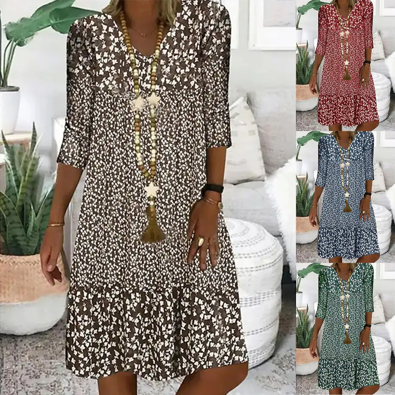 

New Fashion Sexy Women's 2023 Summer New Print Mid Sleeve V-Neck Mid Length Dress