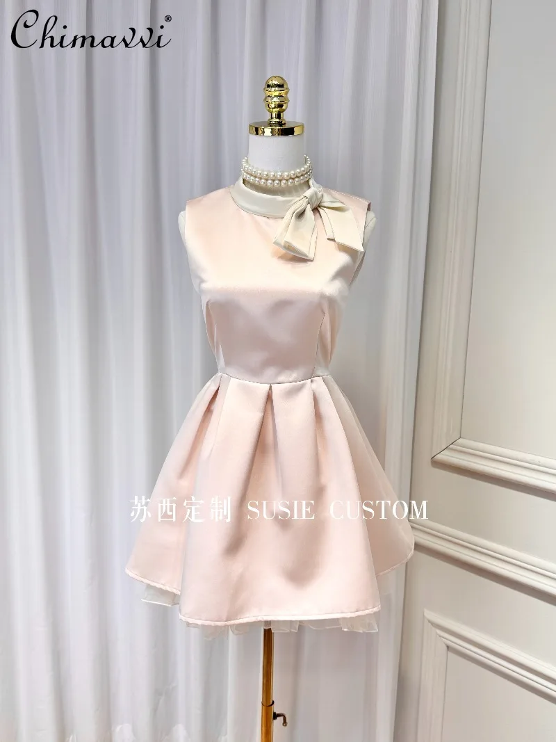 

High-End Fashion Bow Collar Sleeveless Vest Dress 2025 Autumn New Round Neck Mesh Edge Satin Birthday Party Puffy Dresses
