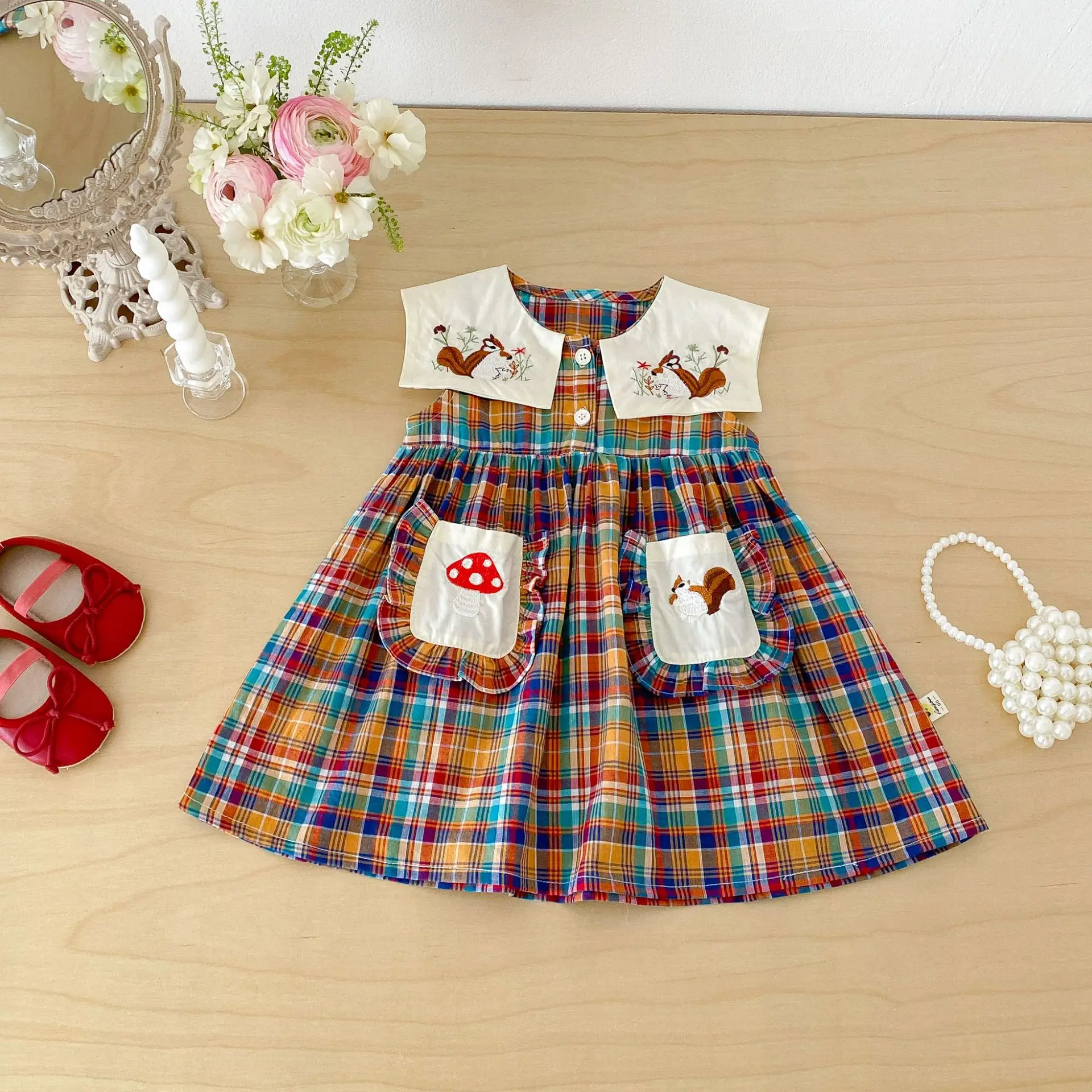 Girls' Embroidered Cartoon Dress Summer Stylish Plaid Tank Top Skirt Sweet Princess Dress for Kids
