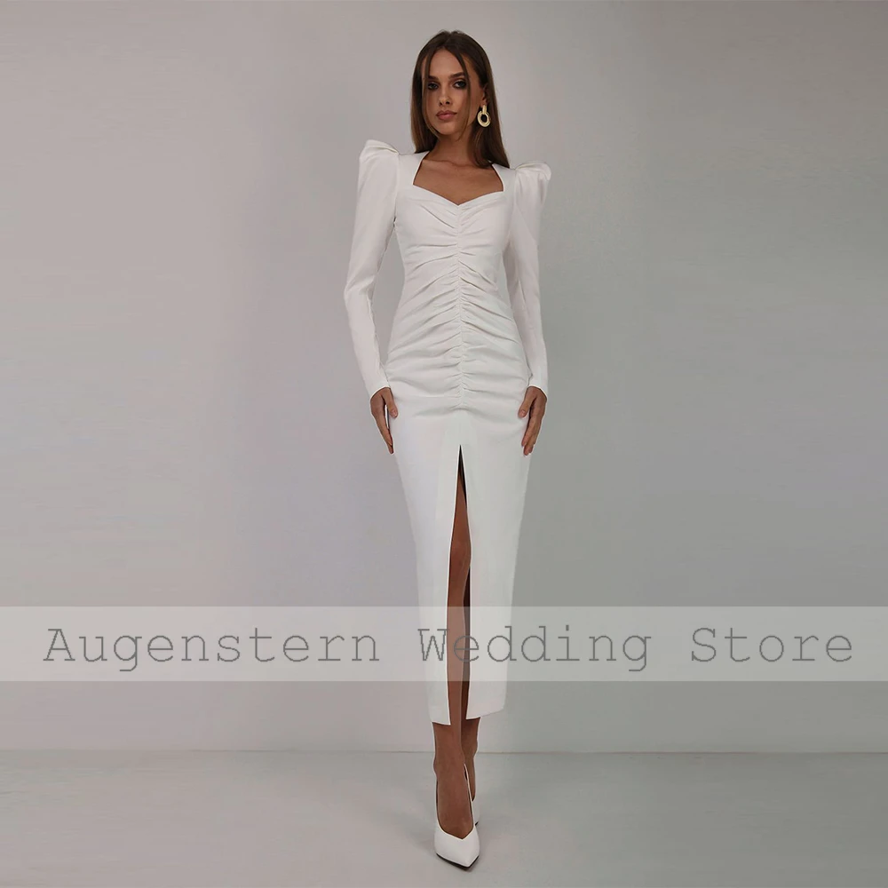 Modern Gown White Charmeuse Pleat Front fork Engagement Sheath Square Neck Bespoke Occasion Gown Gowns 2024