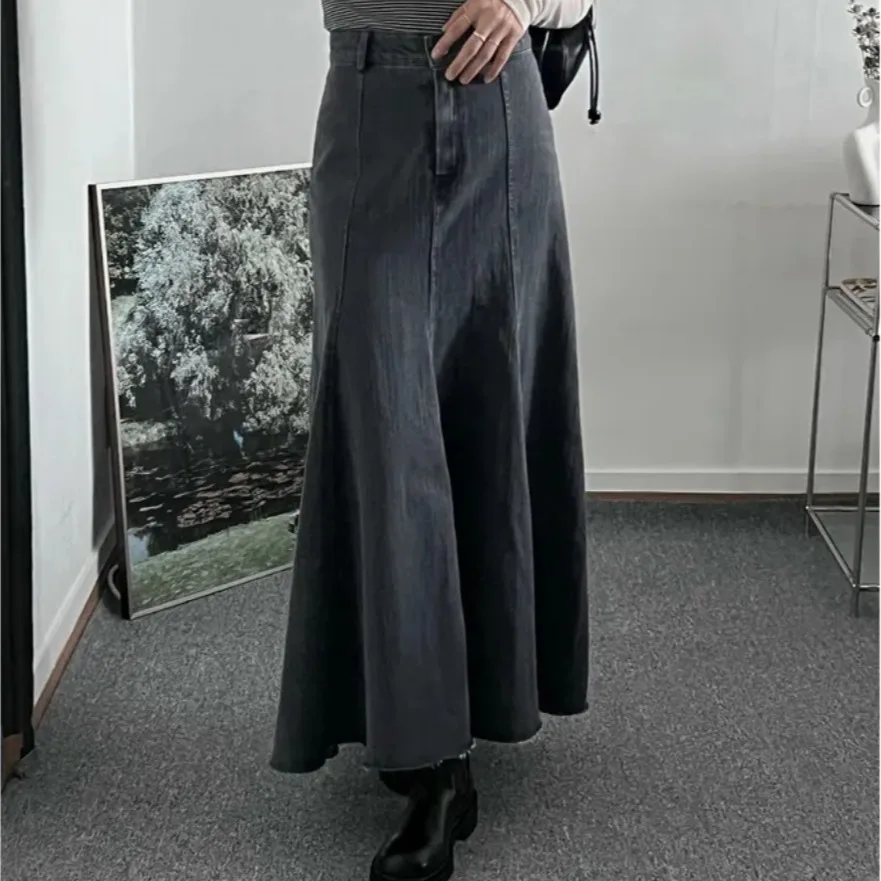 Long Denim Skirt with 3D Patchwork Stitching Lines And Frayed Edges Retro Style Commute Casual Cotton Unlined A-Line Skirt
