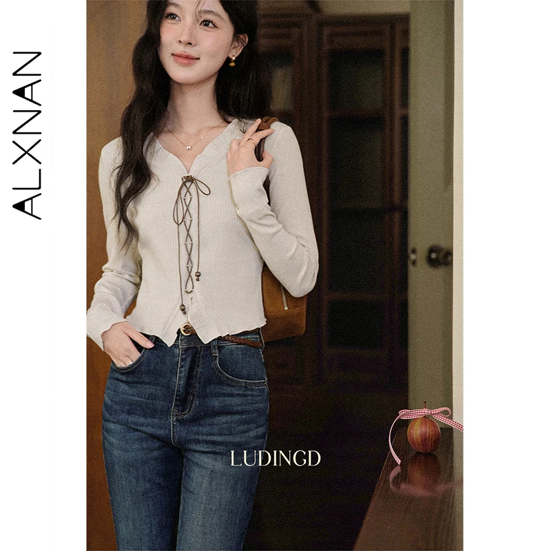 

ALXNAN женский абрикосовый вязаный свитер, осенний новый осенний свитер с рюшами и v-образным вырезом, завязками на шнурке, утягивающие универсальные пуловеры L569157