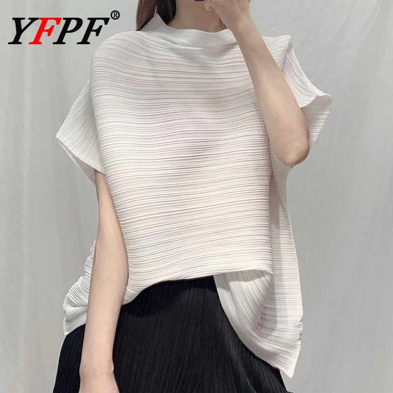 

YFPF Miyake Pleated Women's T-shirt Short Sleeve Loose Solid Color Versatile Tops Casual 2025 Summer Fashion New Clothing