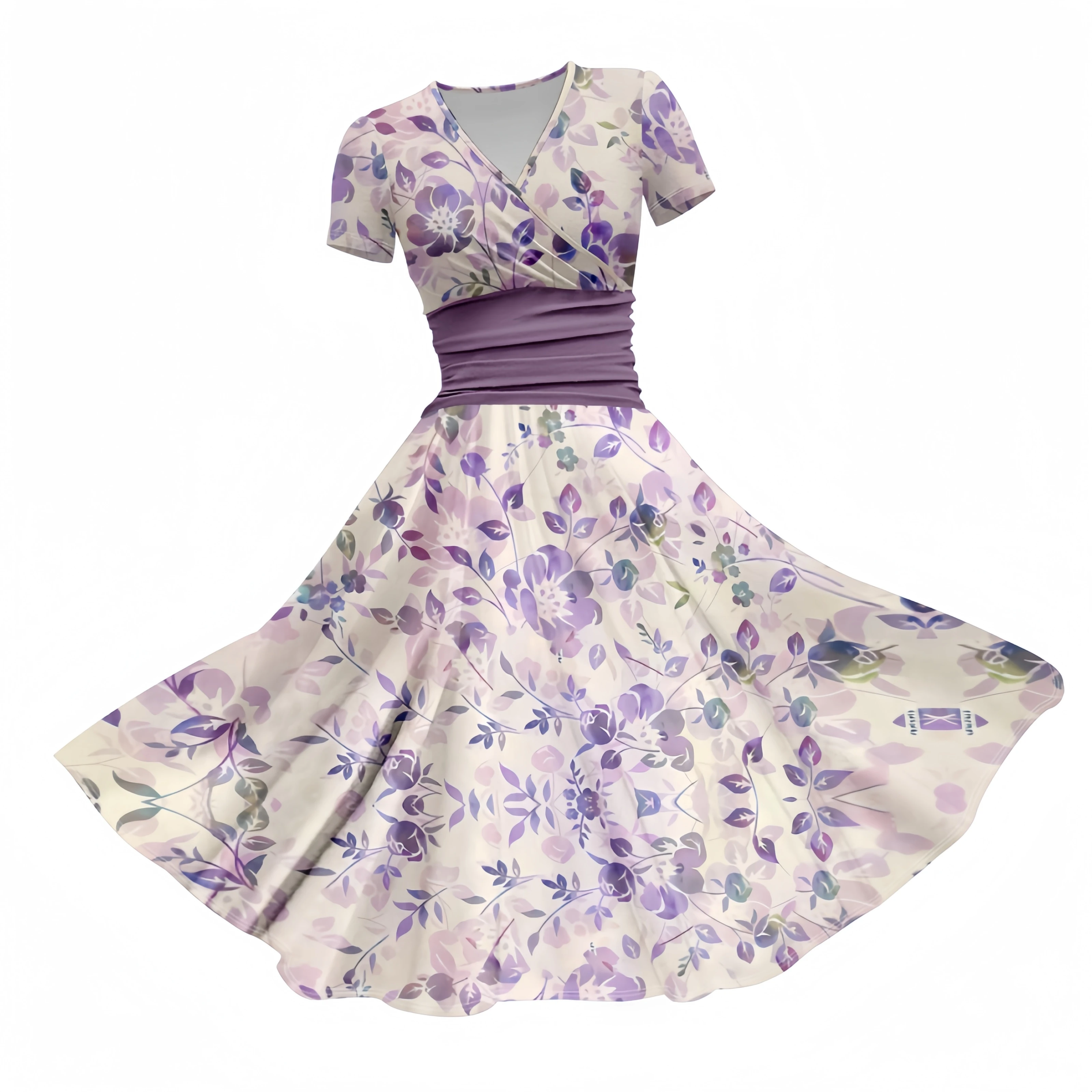 Süße Mädchen hellviolett Blumenmuster elegante Voll druck lässige Röcke V-Ausschnitt Kurzarm Party Club Kleider