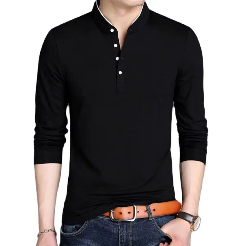 Camisetas de manga larga para hombre, jerséis de algodón con cuello levantado y medio botones, Tops informales lisos, camisetas finas cómodas de