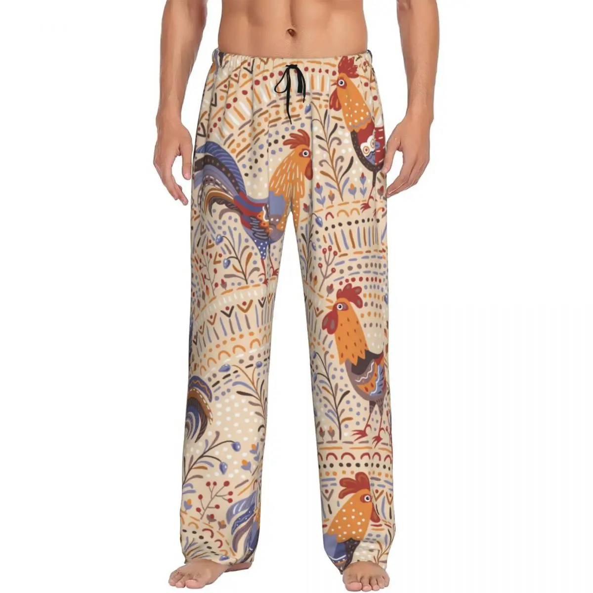 Cute Beige Roosters Men Sleep Bottoms Male Lounge Trousers Men's Pajama Pants