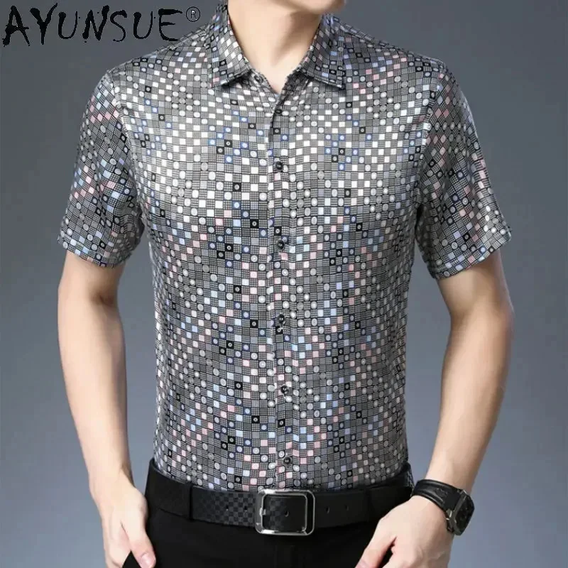 

AYUNSUE Real Mulberry Silk Short Sleeved Printed Shirt for Men's Summer Satin Top Linen Clothing Camisa