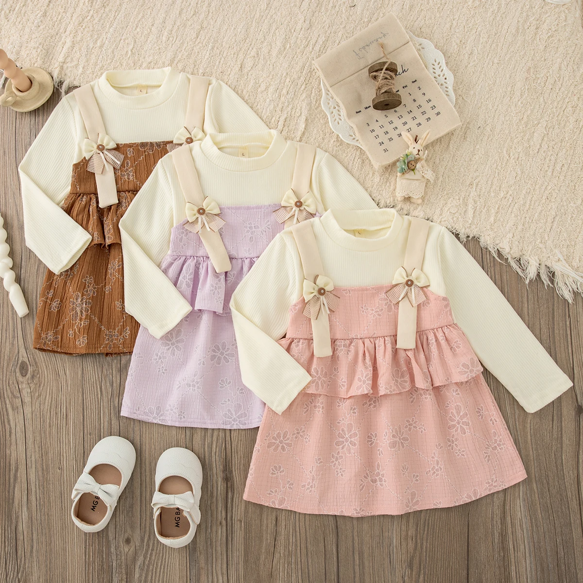 Girls Dresses Spring And Autumn Cotton Bow Flower Long Sleeve Baby Girl Dress Sweet and Cute Birthday Party Baby Girl Dress