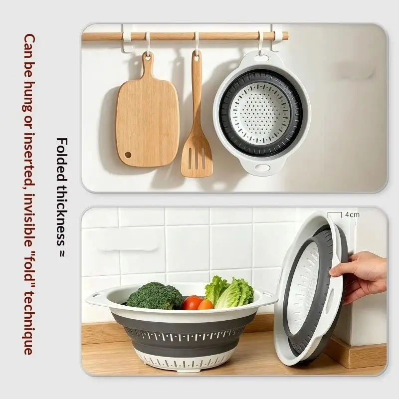 (Silicone Folding Drainer Basket Portable Kitchen Fruit Vegetable Washing Folding Storage Kitchenware Drain Bowl)