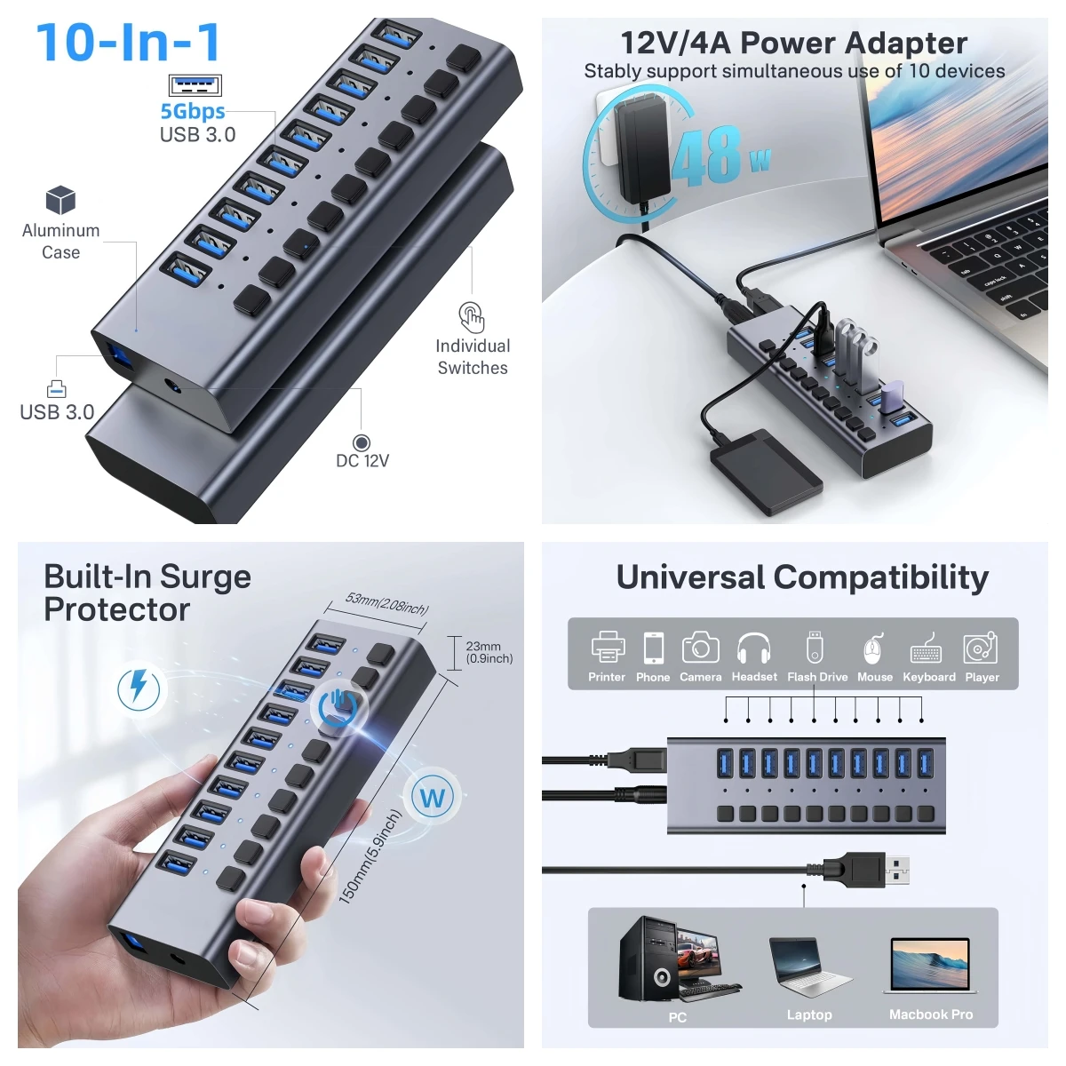 USB Hub 3.0 High Speed Multiport 16 10 7 Ports On Off Switch with Power Supply USB Splitter Adapter Multiple Port Extension