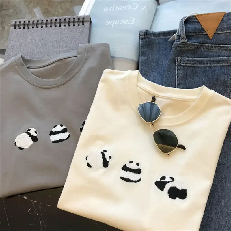 Summer Woman Tshirts Y2k Tops Women's Clothing Fashion Cartoon Tees Panda Embroidery Short Sleeve Camisetas Casual Cute T Shirts
