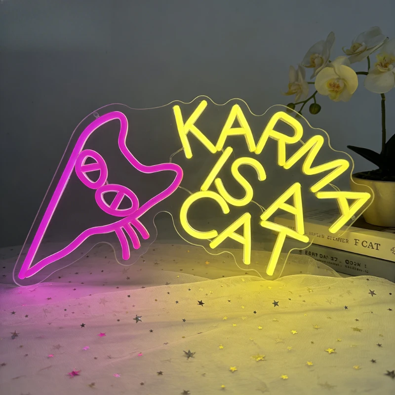 

Karma Is A Cat Neon Sign LED Night Light 3D Acrylic Cute Animal USB Rechargeable Wall Art for Home Kids Room Bedroom Decor