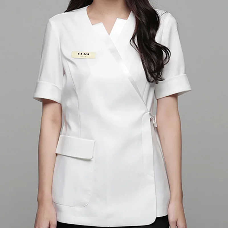 Spa Beauty Salon Short Sleeve Uniform Elastic Breathable Solid Health Club Women Work Clothing Fashion Slim Fit Suit