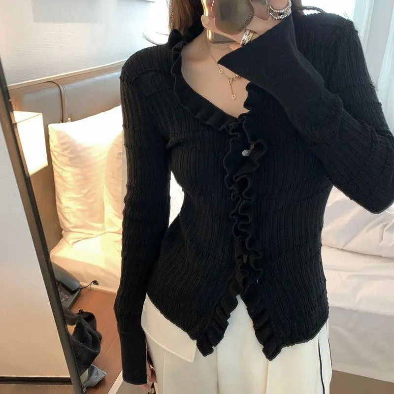 V Neck Solid Elegant Women Sweet Y2k Casual Vintage Puff Sleeve Lolita Style Black Ins Cute Korean Fashion Clothes Cardigan Tops