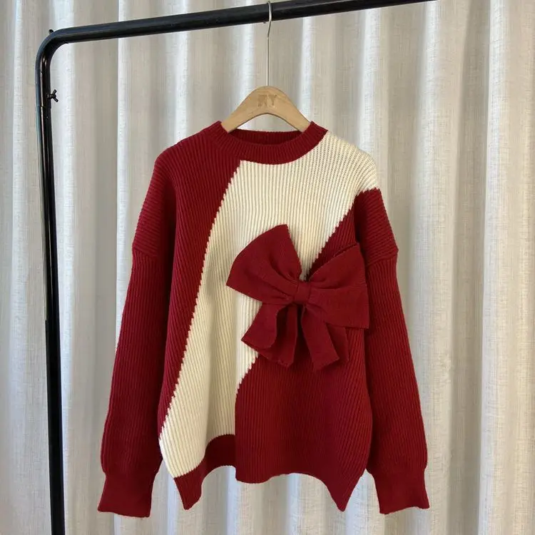 New Korean Bow Sweater 2023 Autumn/Winter Vintage Western Style Panel Long Sleeve Japanese Sweetheart Outerwear Knit